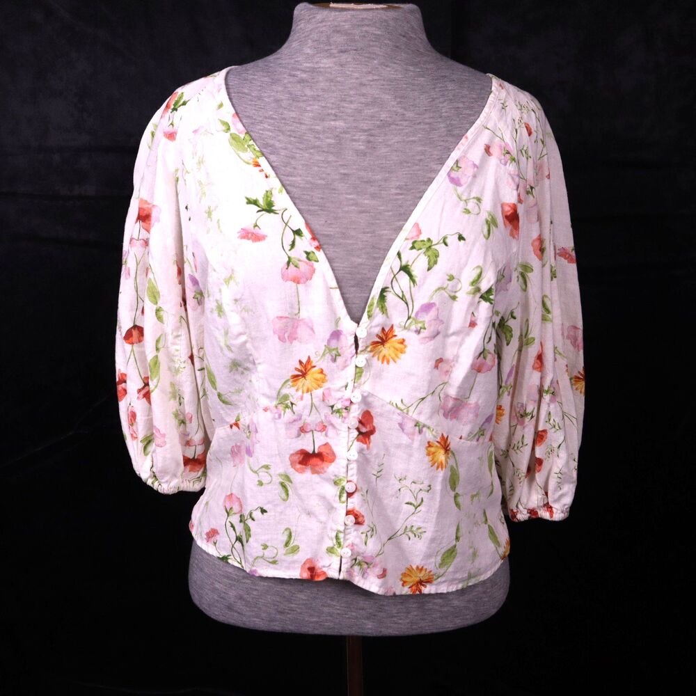 H&M Low Cut Blouse White With Flowy Soft Floral Print Pattern SIZE M Linen Blend